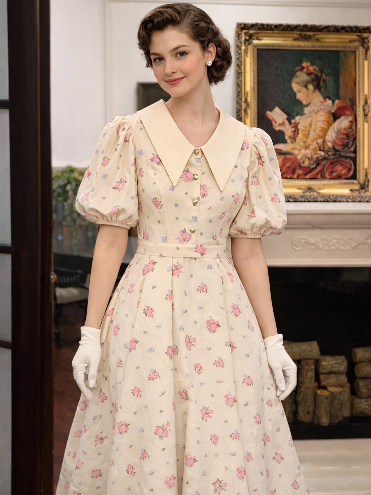 Old Hollywood Style Dresses: 9 Ideas in Satin, Lace and Black 4 Woman in a cream vintage floral dress with white gloves in a classic room.