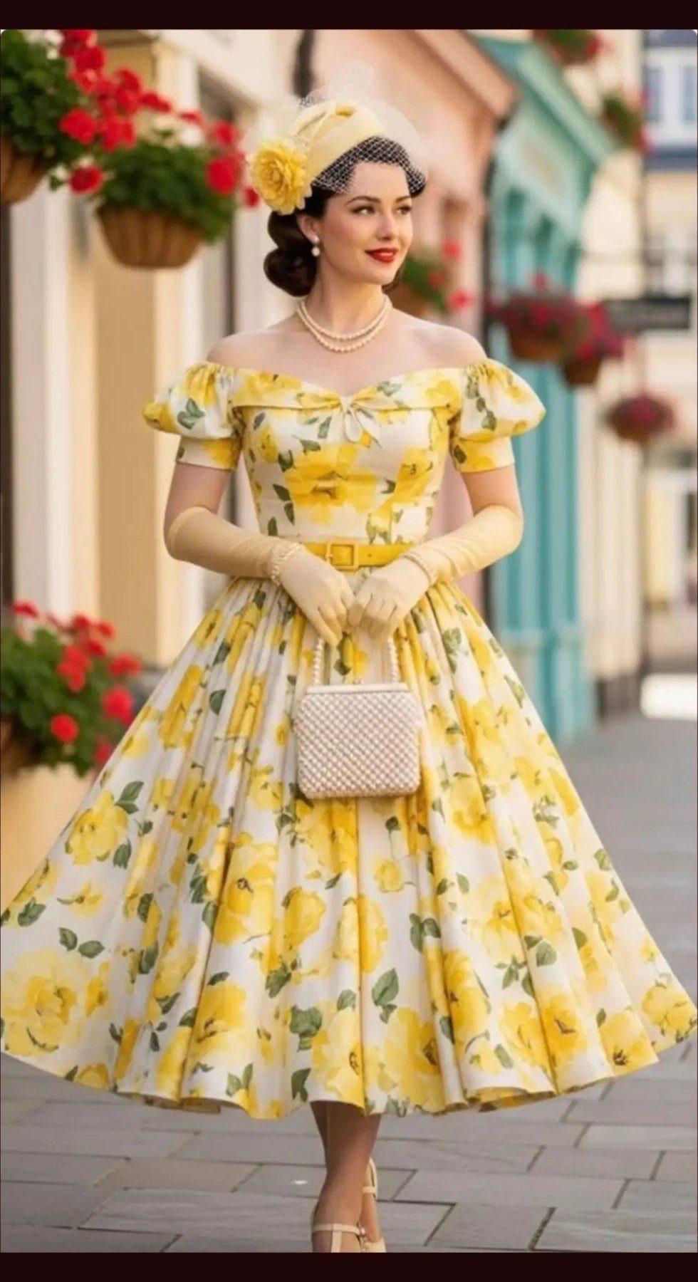 Old Hollywood Style Dresses: 9 Ideas in Satin, Lace and Black 6 Woman in a yellow floral off-the-shoulder dress with gloves and a vintage hat.