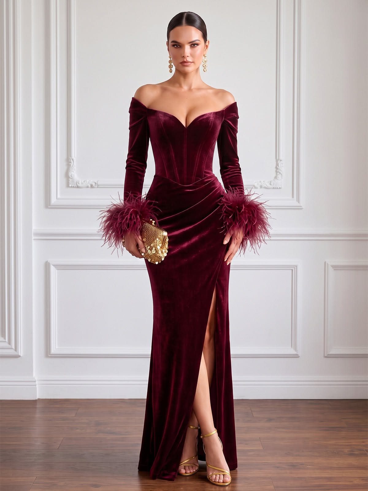 Woman in a burgundy velvet gown with faux fur cuffs and gold accessories.