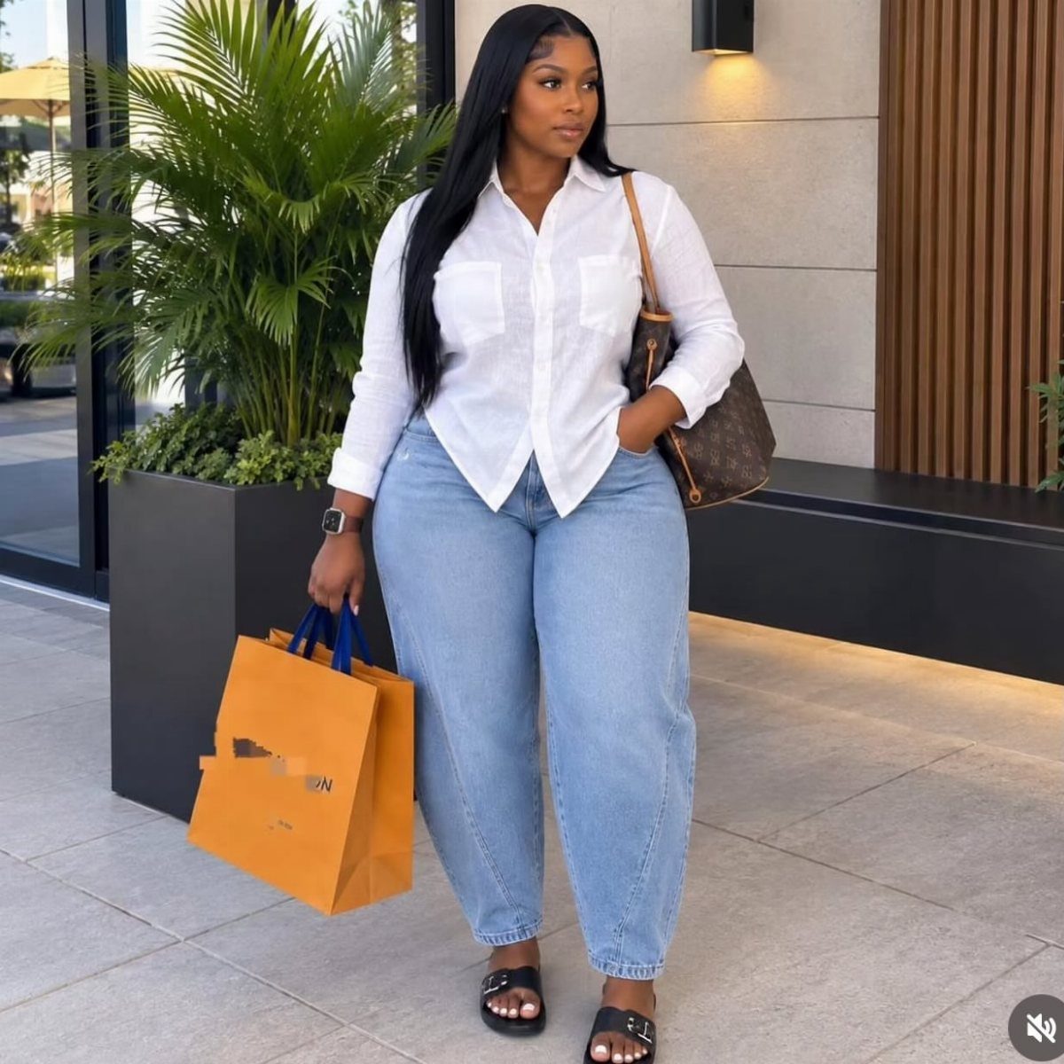 13 Plus Size Brunch Outfit Ideas for Every Style 11 Plus-size woman in white button-down shirt and wide-leg jeans holding shopping bags.