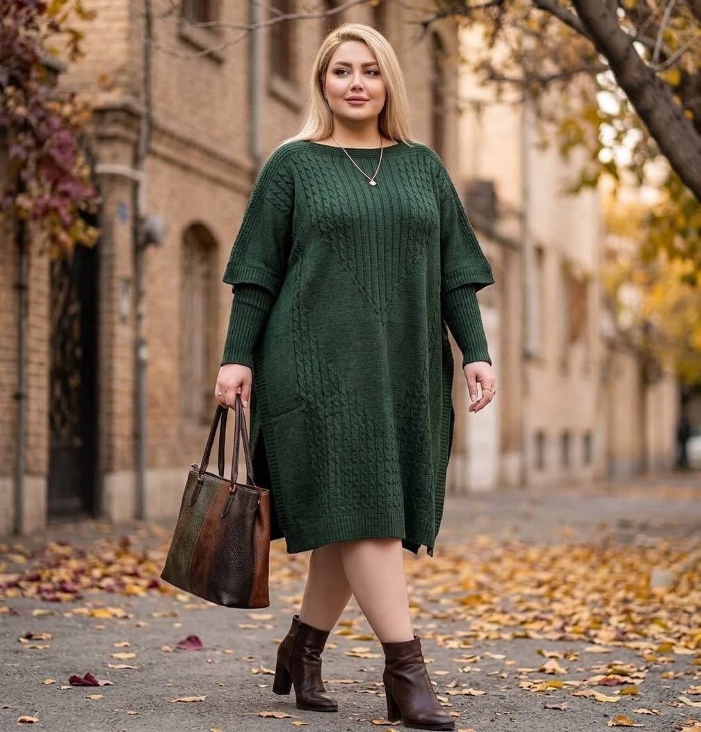 13 Plus Size Brunch Outfit Ideas for Every Style 10 Plus-size woman in a green sweater dress and brown boots on autumn street