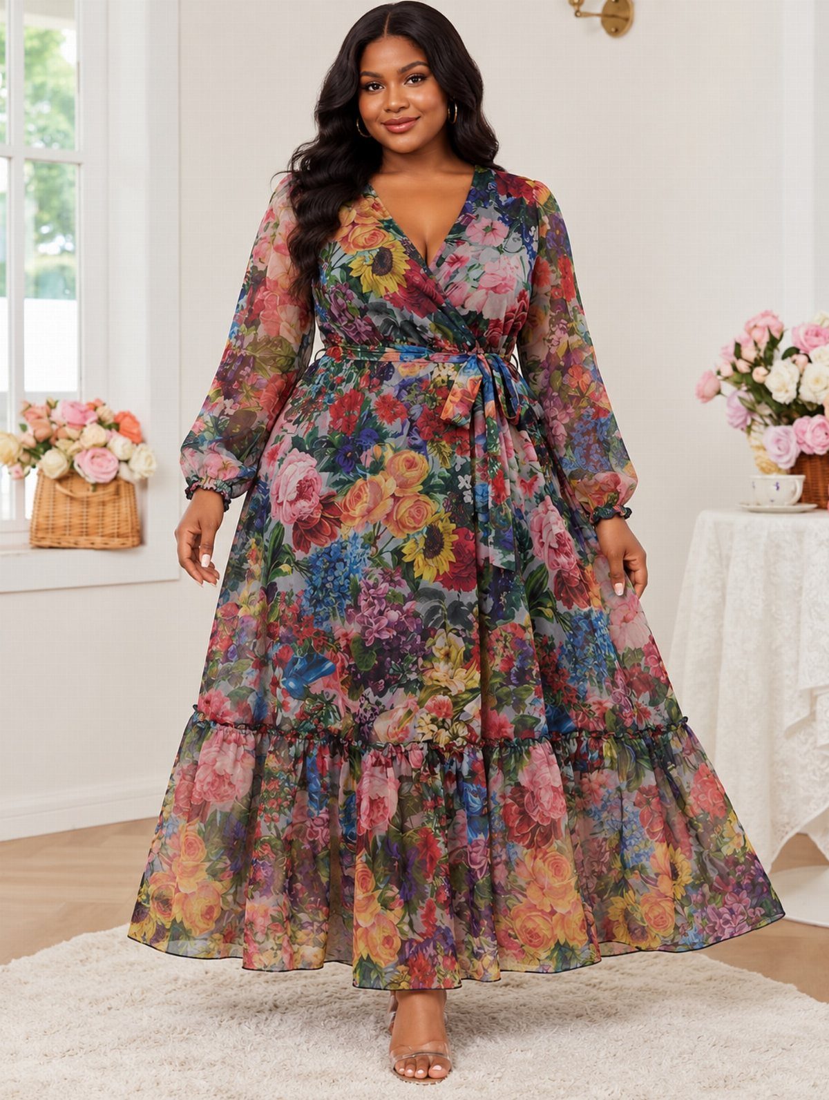 13 Plus Size Brunch Outfit Ideas for Every Style 1 Plus-size woman in a colorful floral wrap midi dress and clear strappy sandals.
