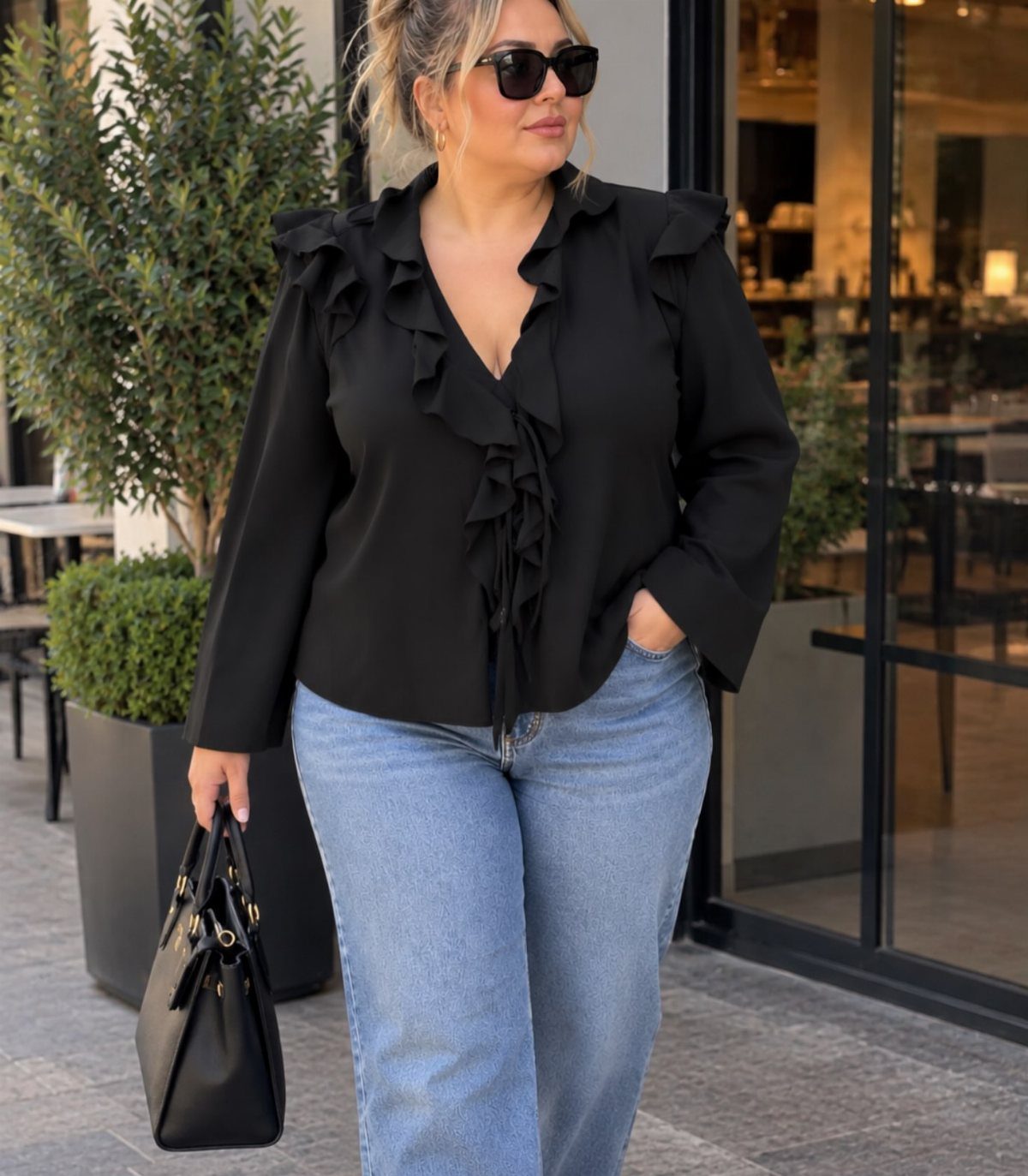 13 Plus Size Brunch Outfit Ideas for Every Style 5 Plus-size woman in a black ruffled wrap blouse and high-waisted blue jeans.