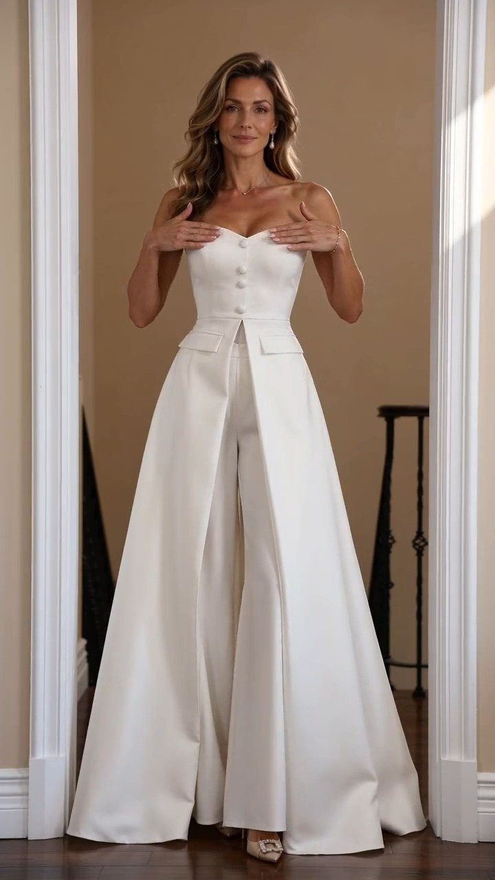 Woman wearing a white strapless jumpsuit with a long matching overskirt