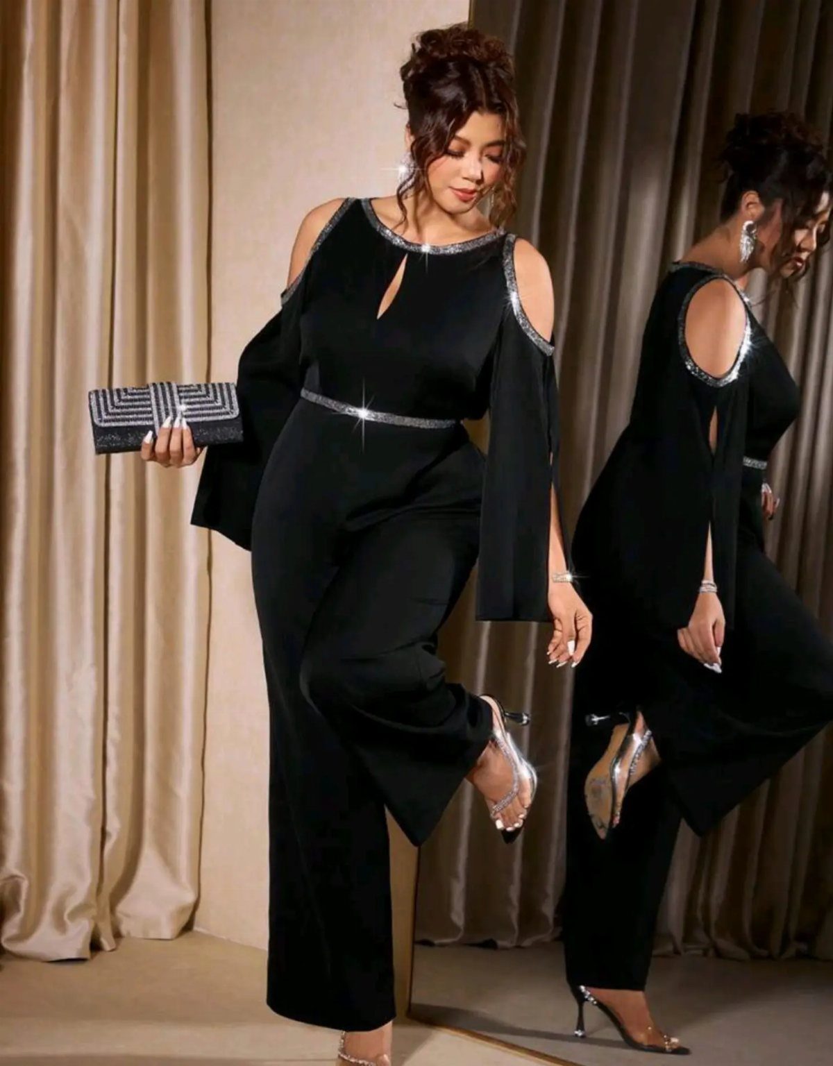Woman in a black wide-leg prom jumpsuit with silver sequins and silver heels.