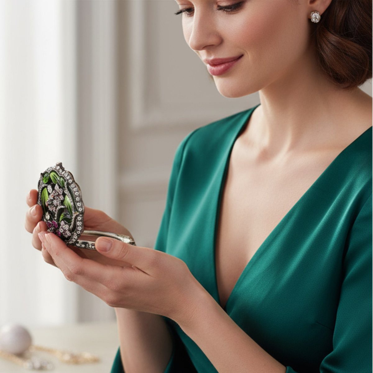 Woman holding a small, ornate oval jewelry box with intricate floral enamel details.