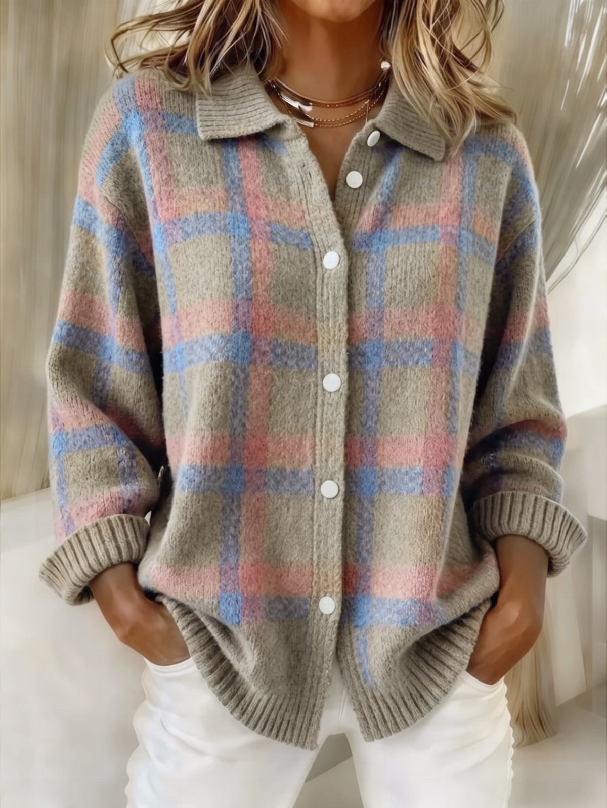 9 Soft Femme Style Ideas with Ruffles, Knits and Pearls 3 Oversized plaid cardigan in beige, blue, and pink worn with white trousers.