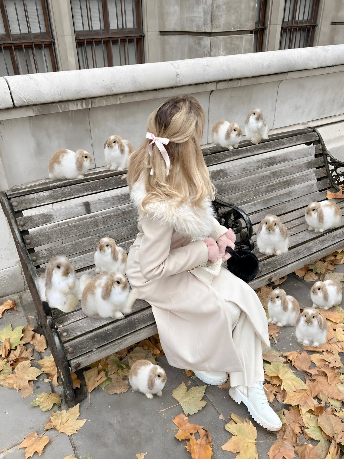 9 Soft Femme Style Ideas with Ruffles, Knits and Pearls 9 Woman in cream coat and pink hair bow sitting with rabbits on bench