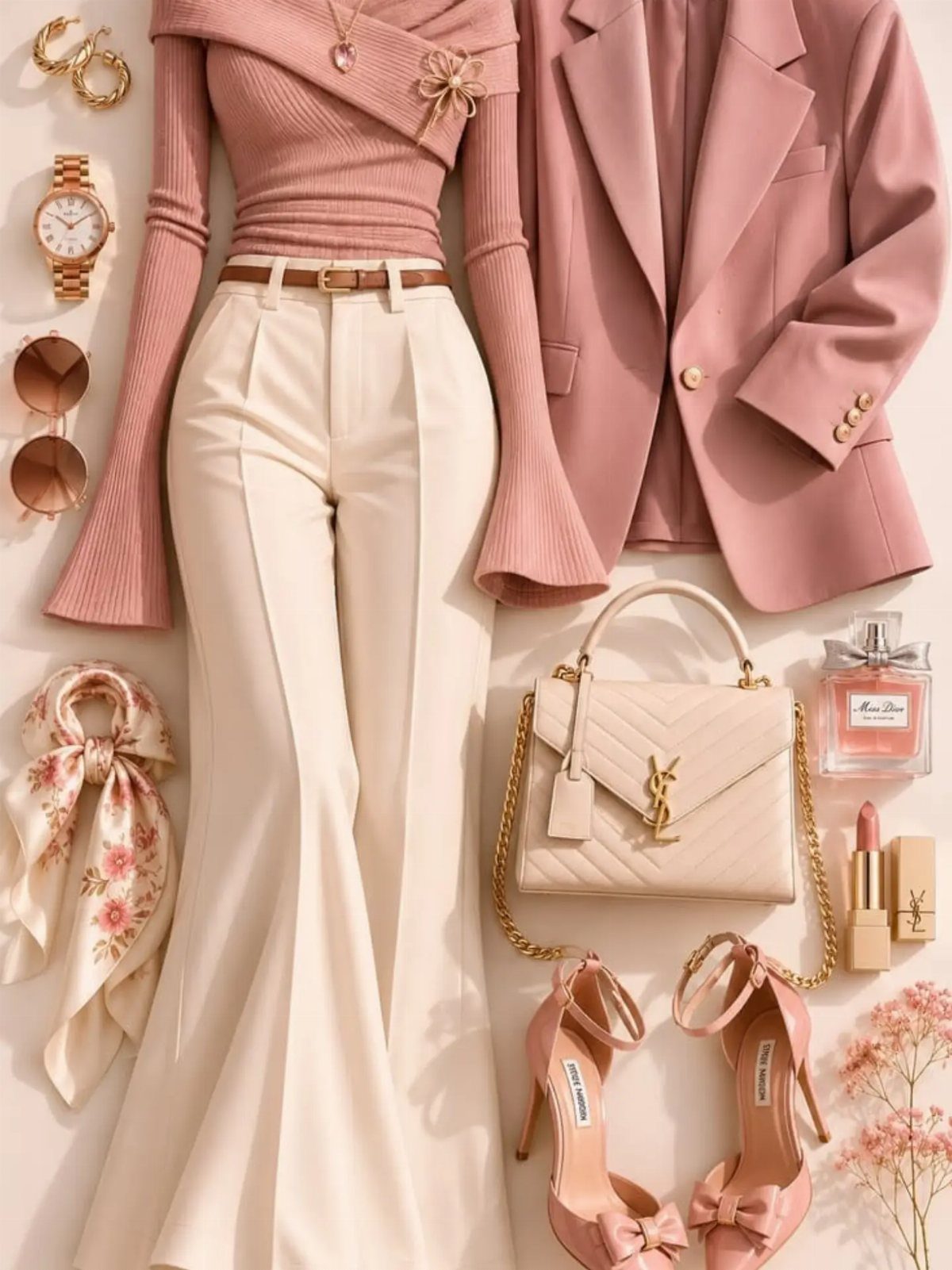 9 Soft Femme Style Ideas with Ruffles, Knits and Pearls 2 Dusty rose and cream women's outfit with matching accessories in a flat lay.