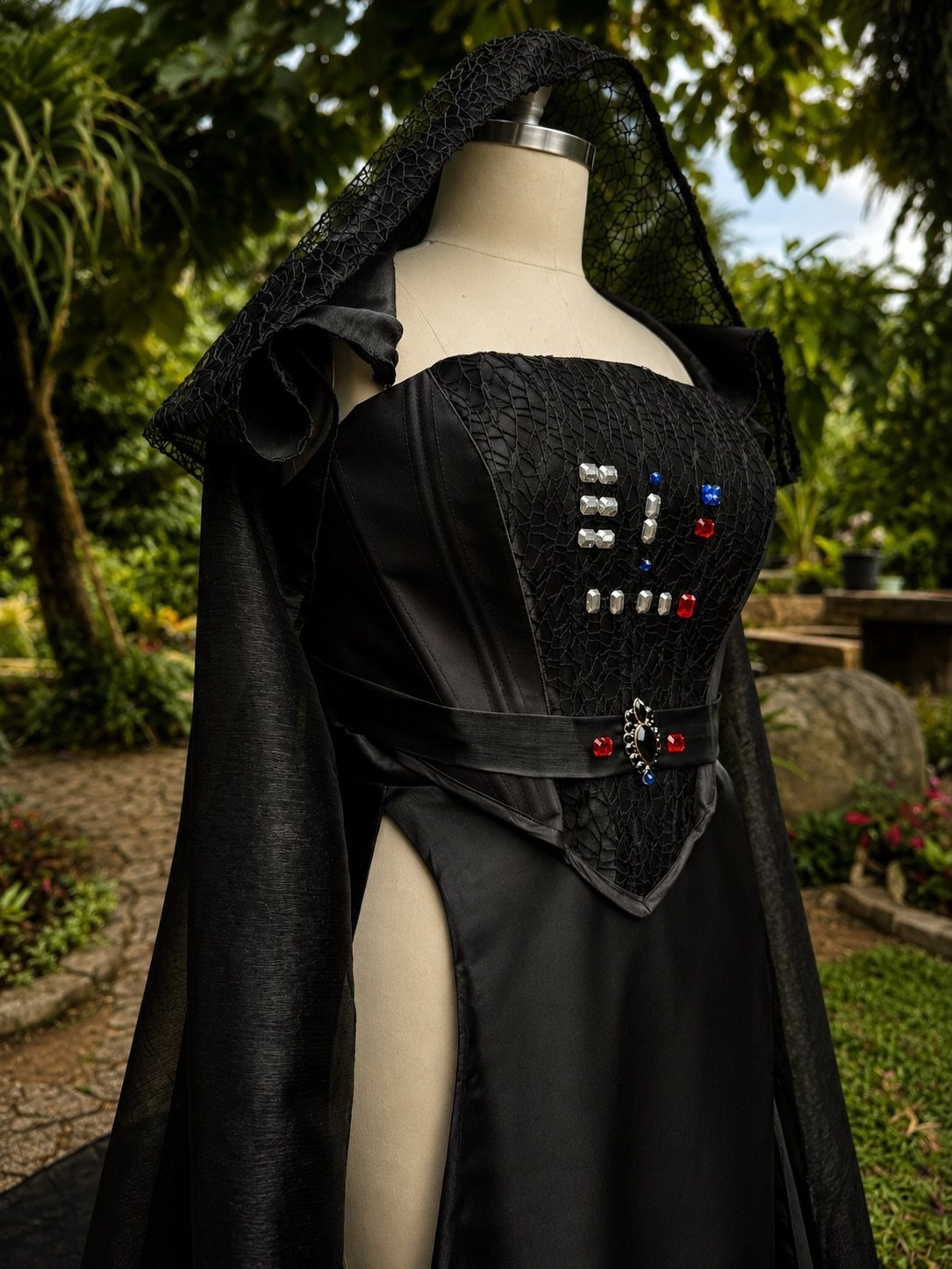 Star Wars Prom Dress Ideas: 3 Gowns From Vader to Padme 1 Black Star Wars inspired gown with lace hood and jewels on a mannequin.