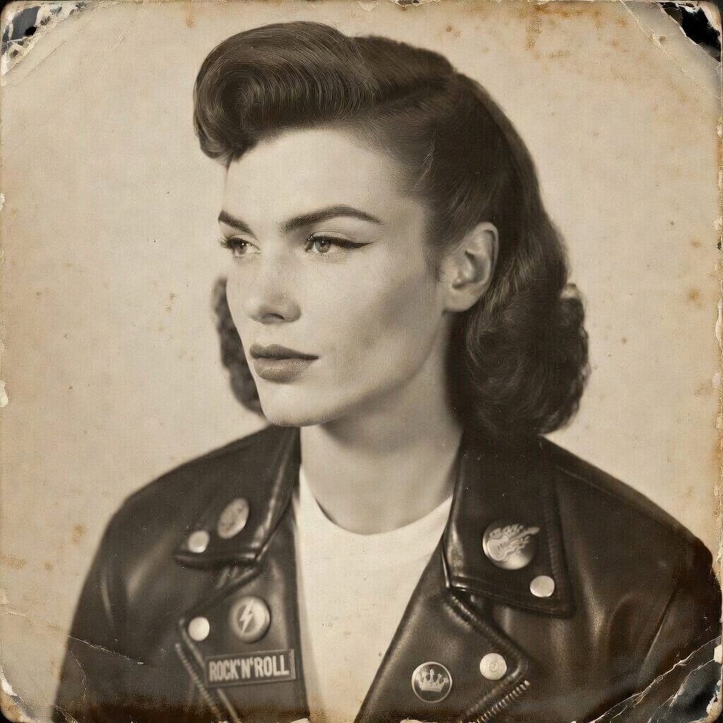 Woman with victory roll hairstyle wearing a black leather rock and roll jacket.