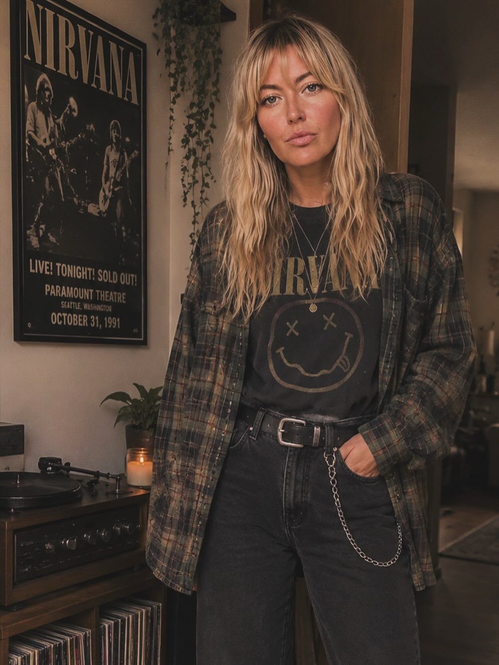 Woman wearing a grunge outfit with a Nirvana shirt and plaid flannel shirt.