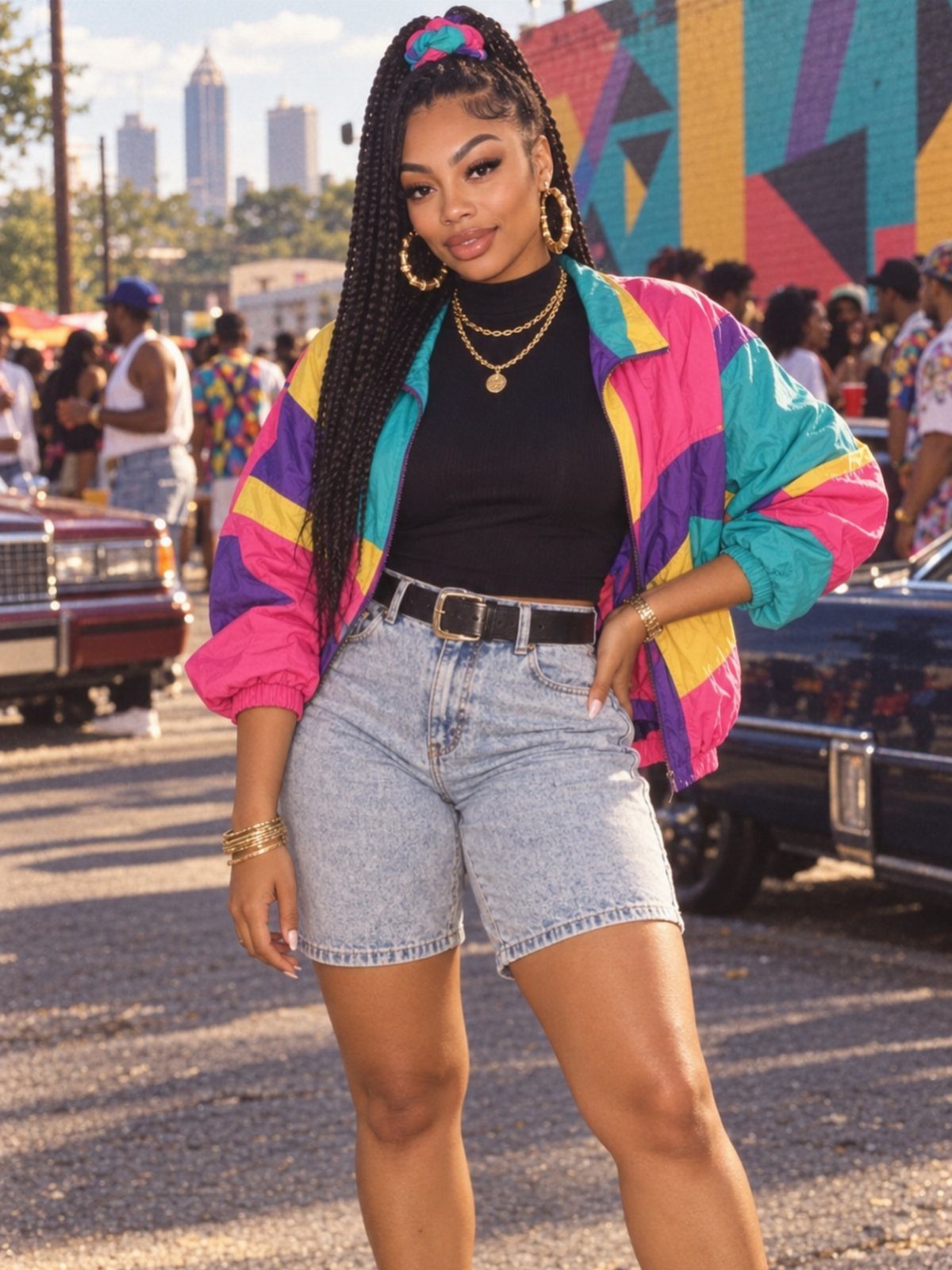 Woman wearing a colorful neon windbreaker and high-waisted denim shorts posing outdoors.