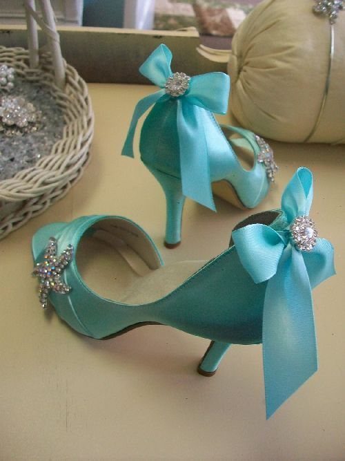 Tiffany Blue High Heels: 5 Ideas, From Satin to Platform 5 Tiffany blue satin high heels with silver rhinestone accents and large bows.