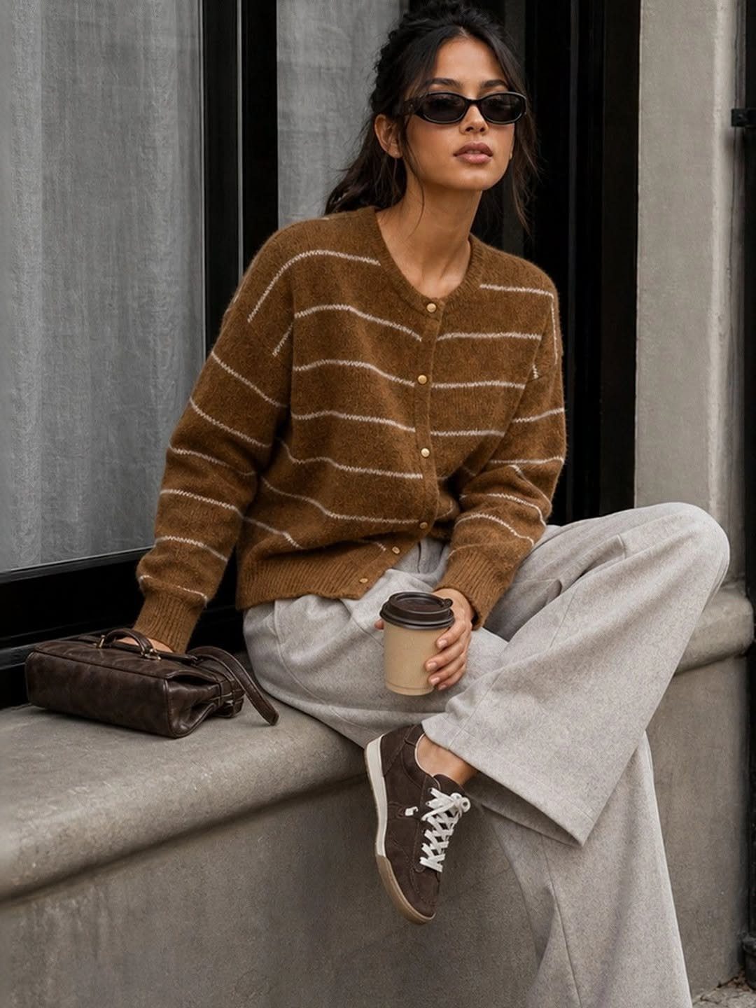 Woman wearing a brown striped cardigan and grey trousers sitting on a ledge.