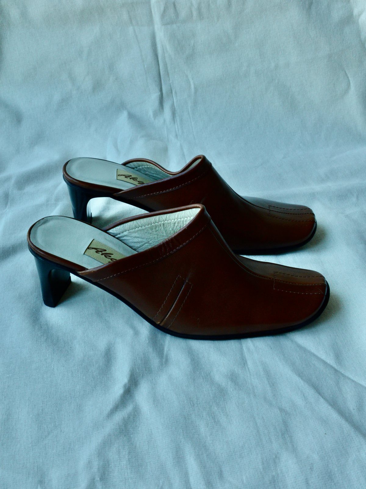 Vintage Shoes and Heels: 8 Styles From Mary Janes to Boots 6 Brown leather mule heels with low block heels on light blue fabric