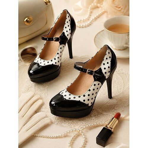 Vintage Shoes and Heels: 8 Styles From Mary Janes to Boots 1 White polka dot Mary Jane pumps with black platforms and high heels on lace.