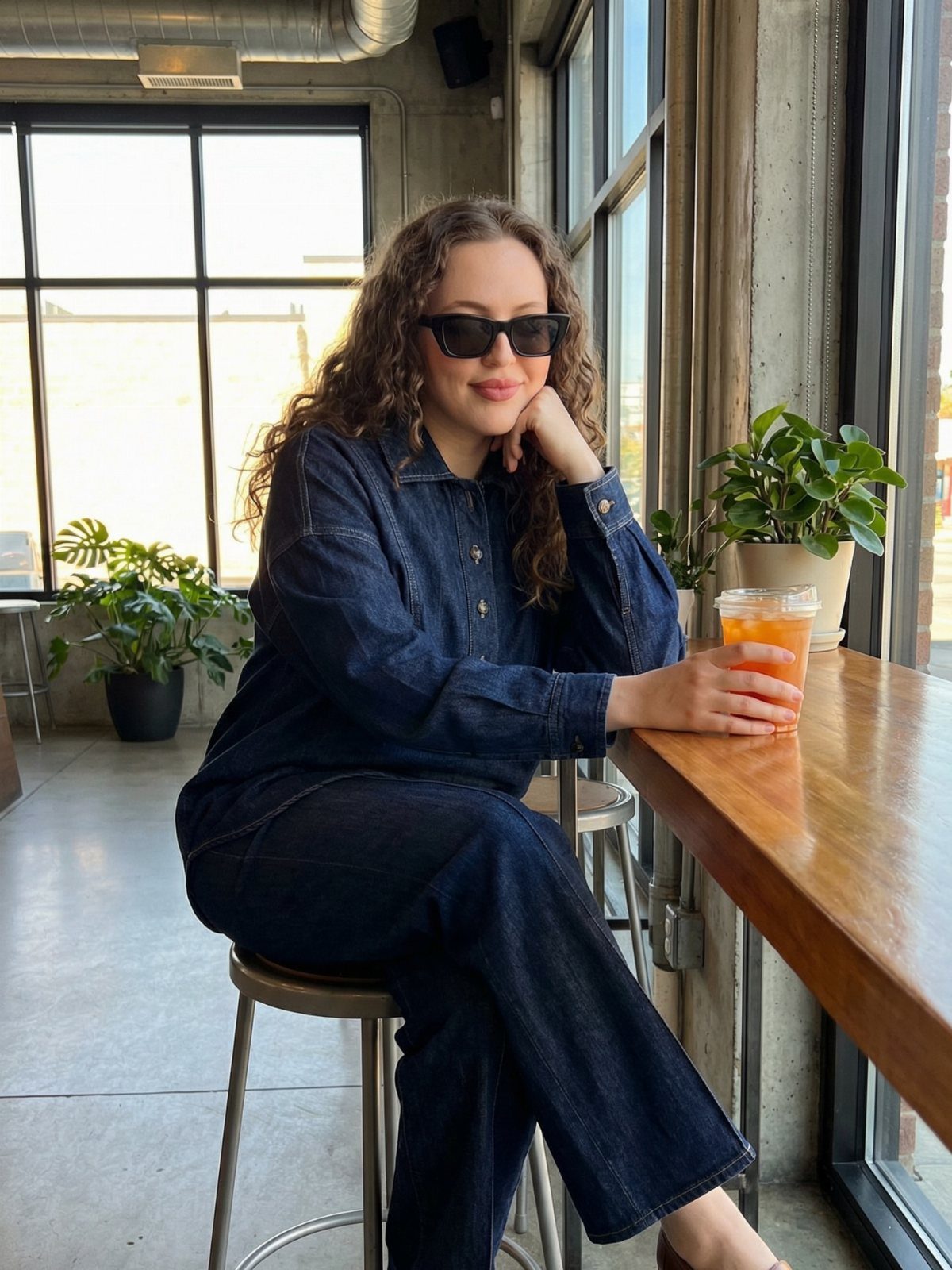 Woman wearing a dark blue denim shirt and matching denim pants sitting indoors.