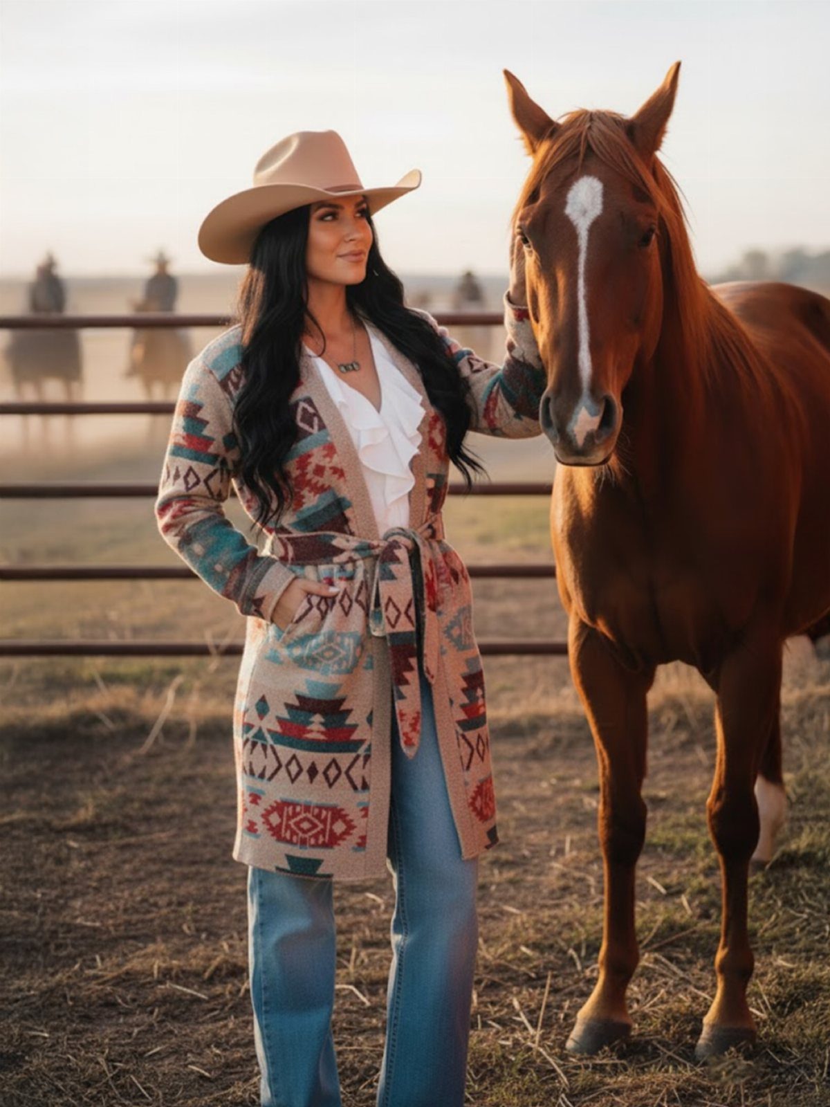 Woman in western outerwear and cowboy hat standing beside a brown horse.