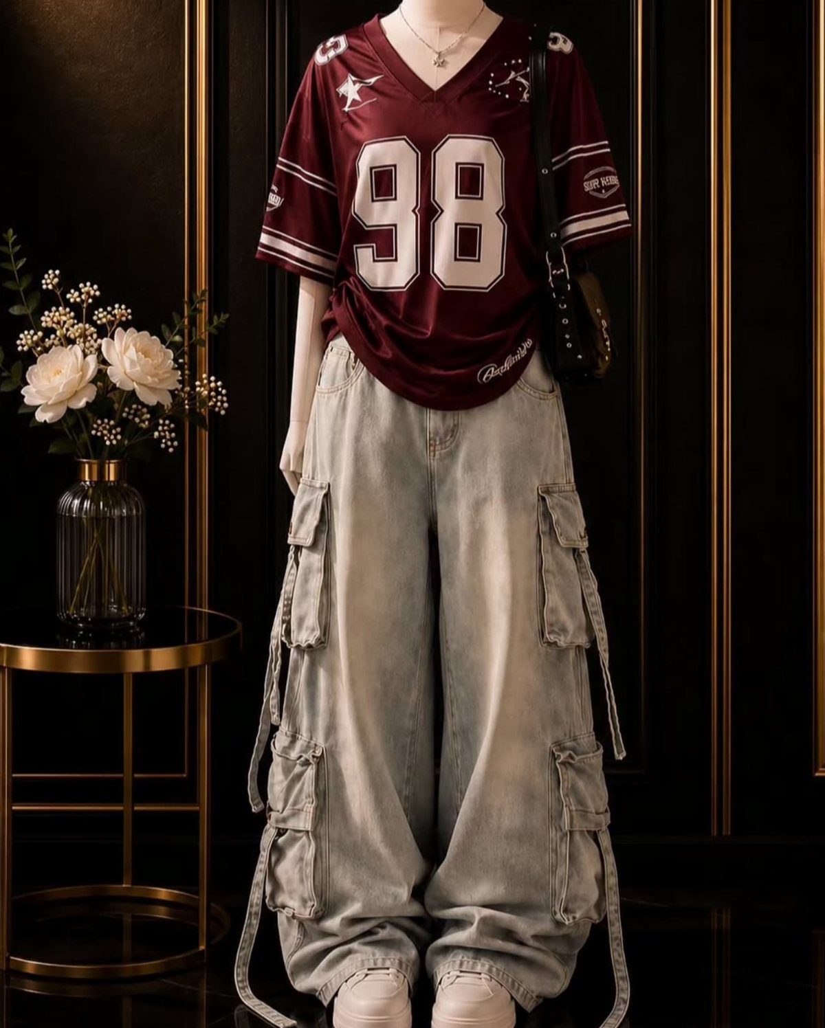 Person wearing a maroon sports jersey and oversized grey cargo pants with straps.